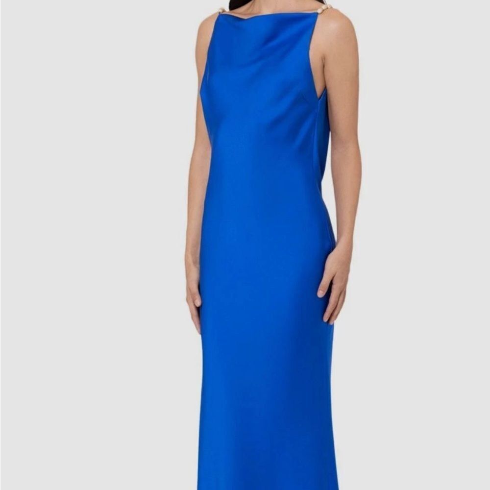 NWT Betsy & Adam Women's Blue Satin Strap Gown Dress